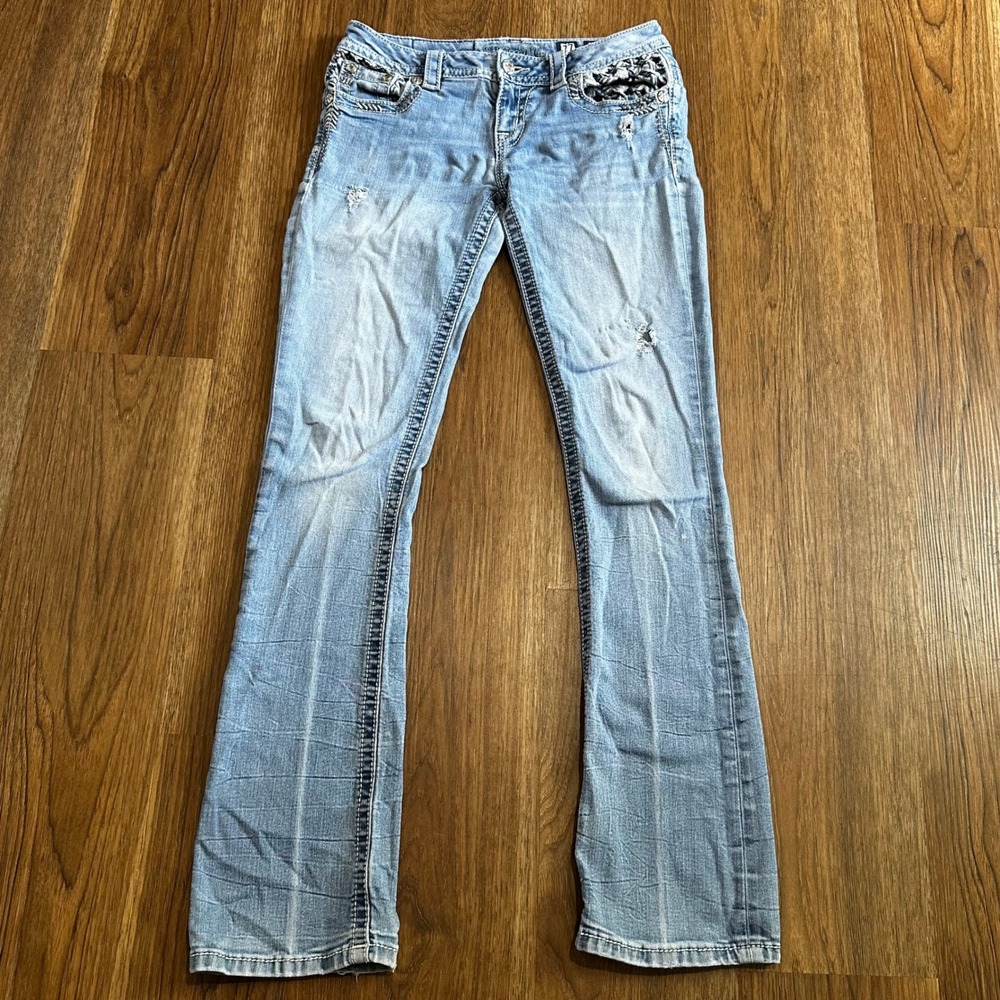 Miss Me Signature Slim Boot Jeans Women 27 Blue Light Bling Embroidered JP7656SB